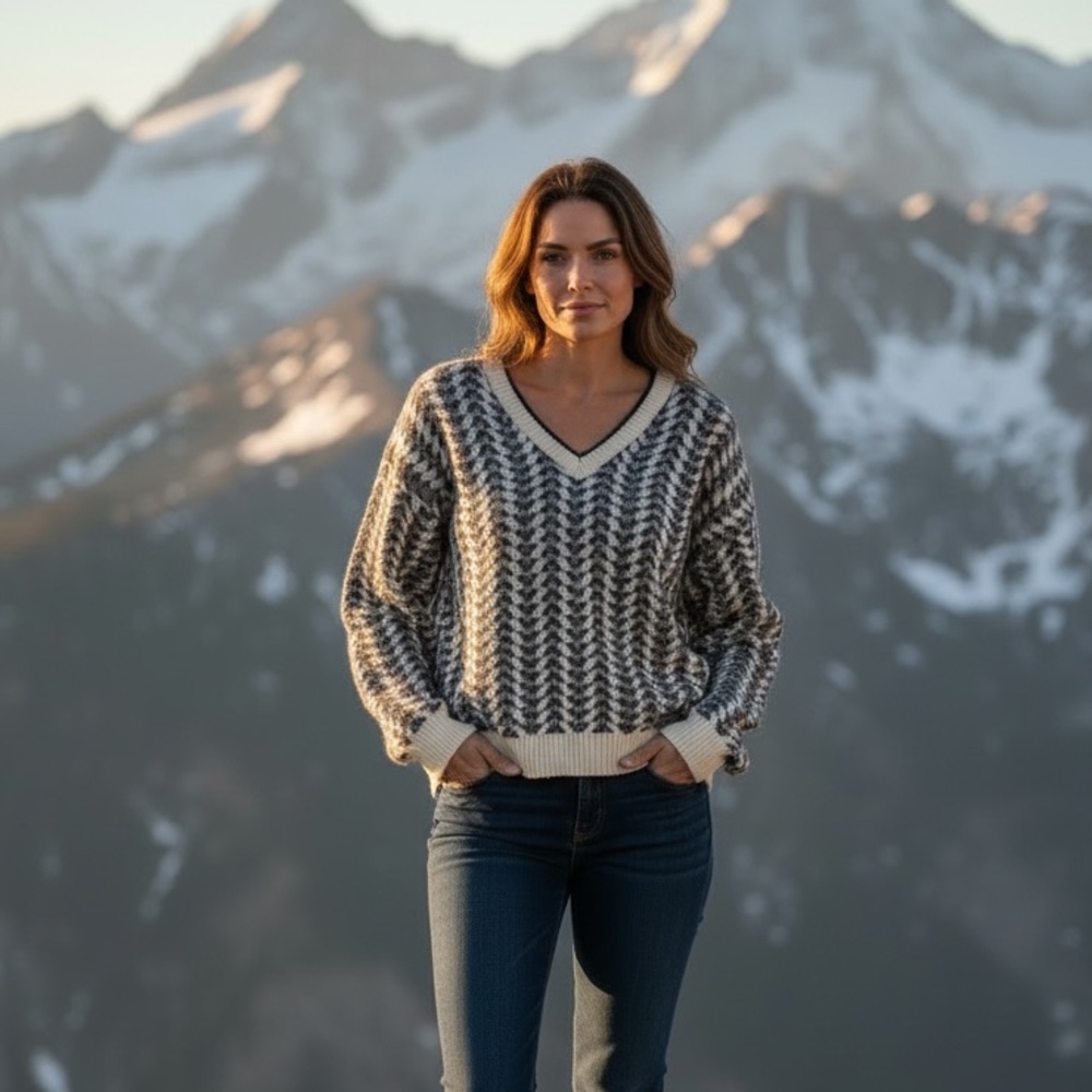 Women's %100 Cotton V-Neck Sweater in Cream and Gray Geometric Knit